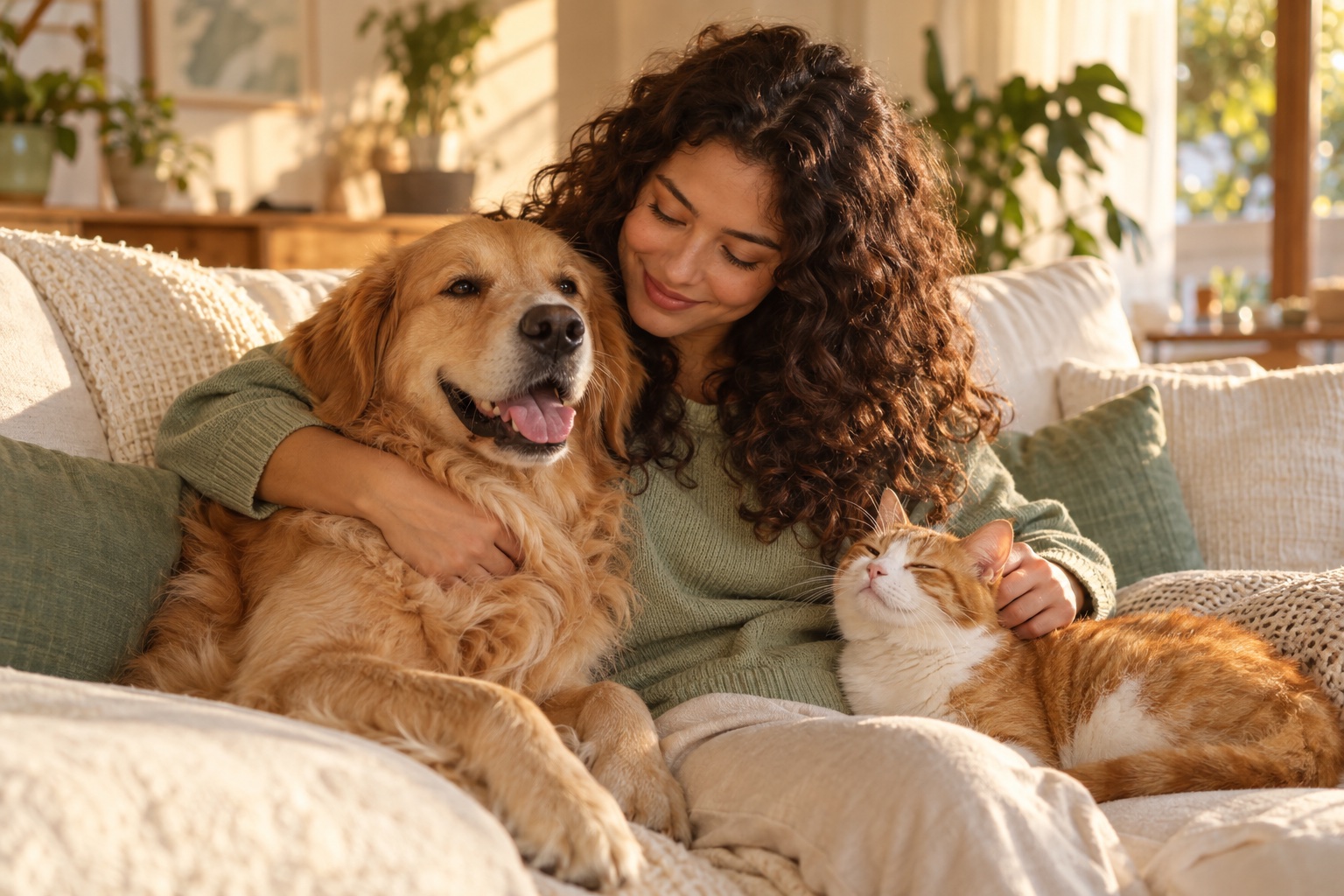 Uma tutora abraça seu cão dourado e faz carinho em seu gato, juntos no sofá de casa.